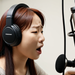 **A voice actress passionately dubbing Kongsuni in a recording studio, with scripts, headphones, and a microphone visible. Focus on the emotion and dedication in her face.**