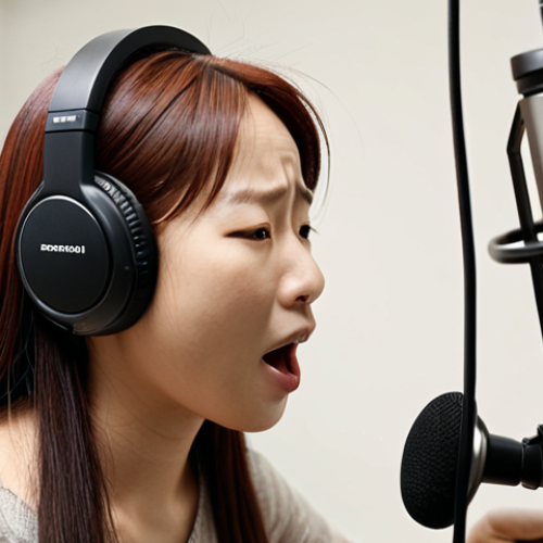 Home 24 **A voice actress passionately dubbing Kongsuni in a recording studio, with scripts, headphones, and a microphone visible. Focus on the emotion and dedication in her face.**