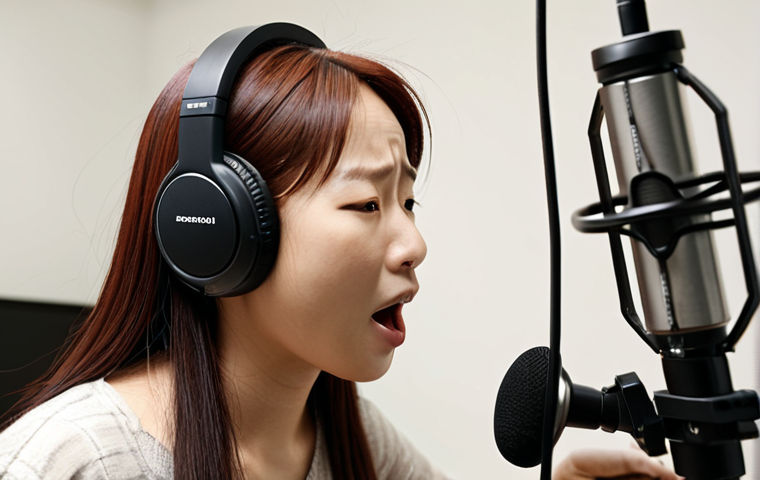 **A voice actress passionately dubbing Kongsuni in a recording studio, with scripts, headphones, and a microphone visible. Focus on the emotion and dedication in her face.**