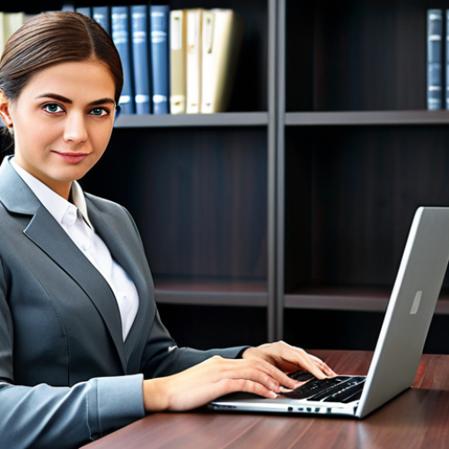 Home 22 Professional Woman in Office**
"A professional businesswoman in a modest business suit, sitting at a desk in a modern office, working on a laptop. Background includes bookshelves and city view. Fully clothed, appropriate attire, safe for work, perfect anatomy, natural proportions, professional photography, high quality."
**