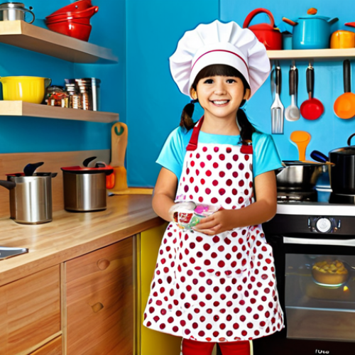 Home 13 Kong Suni Kitchen Set**
"A happy young girl (5 years old) playing with a Kong Suni kitchen set in a bright, cheerful playroom. She is wearing a cute, colorful apron and chef's hat. The kitchen set includes pots, pans, and toy food. Background: Colorful walls with children's drawings. perfect anatomy, natural proportions, professional photography, high quality, safe for work, appropriate content, fully clothed, family-friendly, modest clothing."
**
